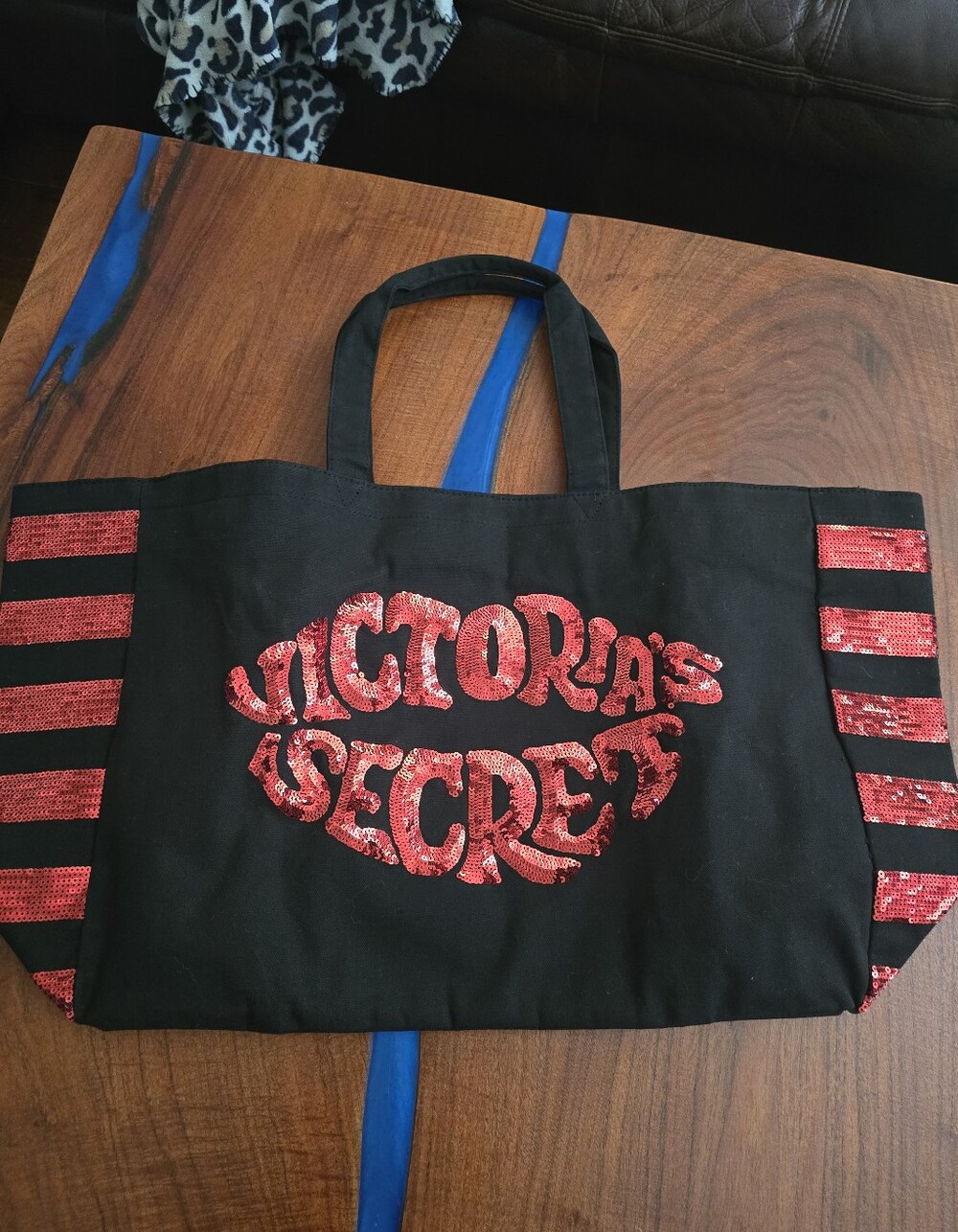 Victoria's Secret Black Tote with Red Sequin Logo and Striped Accents - Picture 8 of 9